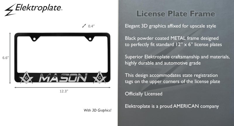 Elektroplate â€“ Mason Square and Compass Black Metal Standard Size Premium 3D License Plate Frame Tag Holder for Cars/SUVs/Trucks Weather-Proof Automotive Accessory - Image 4